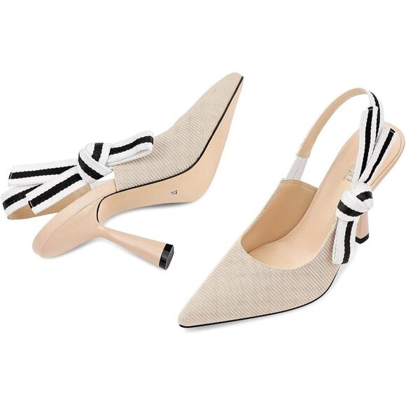🆕Women Cream Heels Pointed Toe High Heels Bowknot Knitted Dress Pumps Shoes - Picture 7 of 7
